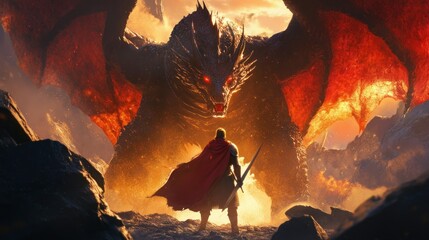 Wall Mural - A lone knight faces a fiery dragon in a dramatic standoff.