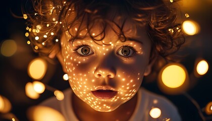 Wall Mural - Childs Face Illuminated by Sparkling Lights, Capturing Wonder and Imagination