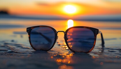 sunglasses resting on a sandy beach with a vibrant sunset illuminating the sky and sea