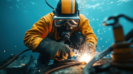 Wall Mural - A professional diver in protective gear performs underwater welding, surrounded by blue water and emitting sparks from the welding torch.