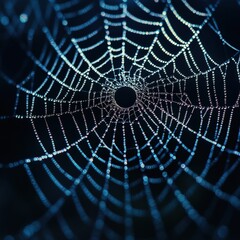 Detailed close-up of a spider's web broken glass with a central hole