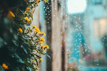 Raindrops falling on yellow flowers in a rainy day, closeup shot