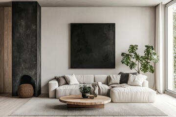 Wall Mural - An enormous frame frames the wall behind a lounge chair and sofa in this minimalist living room.