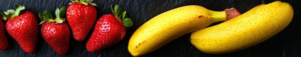 Wall Mural - Fresh strawberries and ripe bananas arranged on a black surface