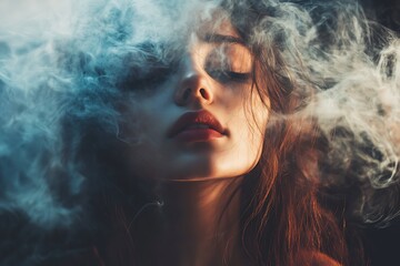 Canvas Print - Mysterious woman with closed eyes in smoke cloud, dramatic lighting, atmospheric, dark background