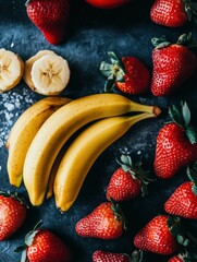 Wall Mural - Fresh strawberries and bananas on a dark background in natural light