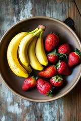 Wall Mural - Fresh bananas and strawberries arranged on a rustic wooden table