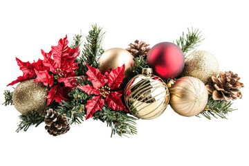 Festive Christmas ornaments and poinsettias arranged with pine cones and evergreen branches, creating a holiday decoration centerpiece.