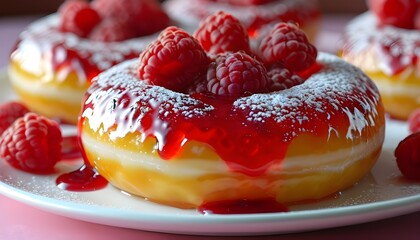 Wall Mural - Vibrant jelly donut bursting with luscious red raspberry filling