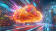 © Wild Dream - Futuristic glowing orange cloud of data and money in a cyberpunk cityscape at night