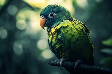 Canvas Print - Green Parrot Perched on Branch in Rainforest