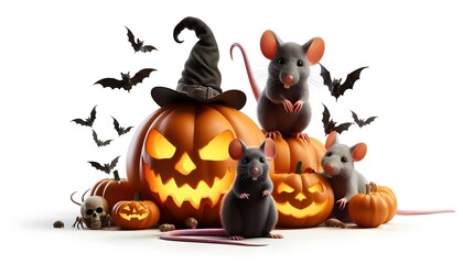 Wall Mural - Halloween mice and rat with pumpkin 3d illustration design isolated on white background