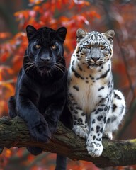 Surrealist imagery featuring a black panther and snow leopard against a vivid red backdrop