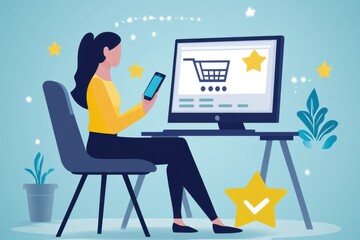 A woman sits at a computer, holding a highly colored mobile phone with a shopping cart icon next to it with a light blue gradient background Generative AI