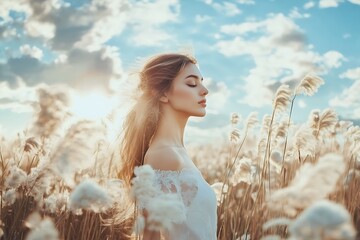 Young Woman in White Dress with Long Blonde Hair in a Field of Tall Grass Against a Cloudy Sky