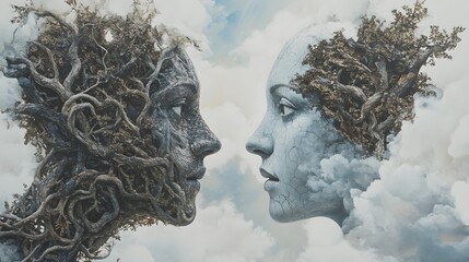 Art Painting for Pictures with Two Human Faces Blended with Nature, Facing Each Other, Abstract Image, Texture, Pattern Background, Wallpaper, Cover and Screen for Smartphone, PC, Laptop, 9:16 and 16: