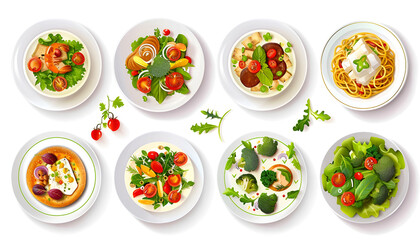 Wall Mural - set of plates of food isolated on a white background, top view