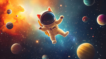 cat astronaut flying outer space among colorful planets and stars 3d cartoon illustration
