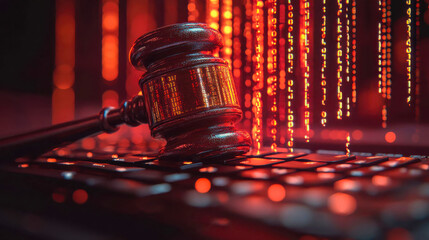 A gavel with binary code symbols, placed on a glowing keyboard, representing cyber law and justice