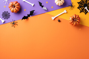 Poster - Stylish Halloween background featuring pumpkins, bones, and bats on vibrant colors, perfect for festive designs