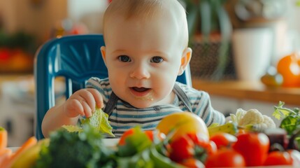 Healthy cute caucasian baby boy have, eat vegan raw supplementary food at home in his highchair.