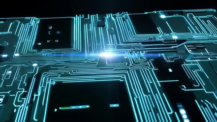 Motherboard with chips transferring network signals. Circuit board concept with calculations on the chip blocks