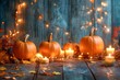 © Mikhail Vorobev - Thanksgiving decor  rustic table display featuring pumpkins, candles, and twinkling string lights