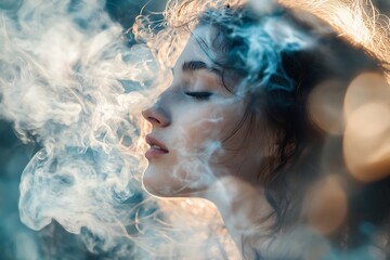 Wall Mural - Mystical Double Exposure Portrait with Smoke and Woman