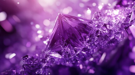 Vibrant purple crystal with sparkling facets and dreamy bokeh, capturing the essence of elegance and nature's beauty.