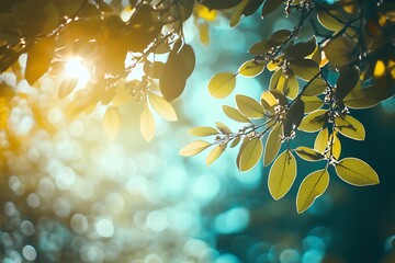 Wall Mural - Sun shining through green leaves with bokeh background. Nature photography, spring, summer, fresh, sunlight, warm