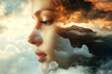 Canvas Print - Dreamy surreal portrait of a woman's face with clouds and sky for a background