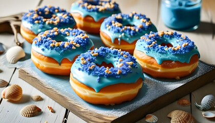 Seashell-adorned donut topped with vibrant blue icing