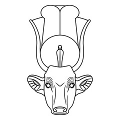 Head of sacred cow. Ancient Egyptian mythology. Goddess Hathor or Hesat. Black and white linear silhouette.