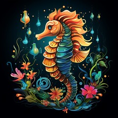 Wall Mural - brightly colored seahorse with flowers and butterflies on a dark background