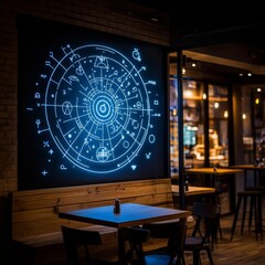 Astrological symbols projected on a cafe wall, urban and mystical fusion