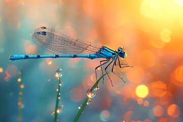 Poster - araffe sitting on a blade of grass with water droplets