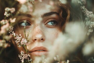 Poster - Close up portrait of a beautiful woman with blue eyes looking through blooming white flowers