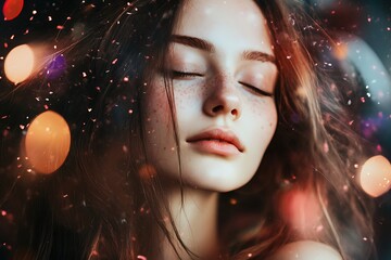 Poster - Close up portrait of young woman with closed eyes and wet hair, bokeh lights in background