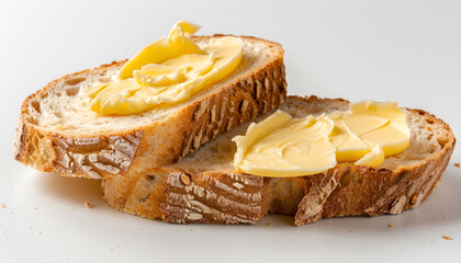 butter spreaded on bread isolated white background