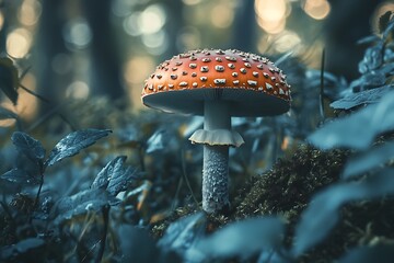 Red and white spotted mushroom in forest with blue toned leaves