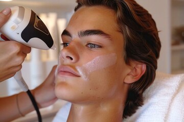 close-up shot capturing a beautician giving a laser hair removal treatment to a young man's face, showcasing the process of removing unwanted facial hair and promoting skincare