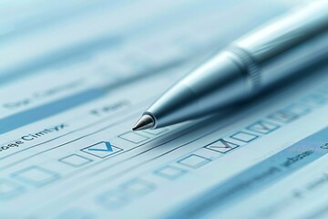 Aufkleber - Close-up of a silver pen hovering over filled checkboxes on a form, representing completing a survey or exam.