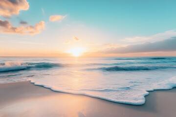 Wall Mural - Seascape with Sunrise and Ocean Waves on Sandy Beach