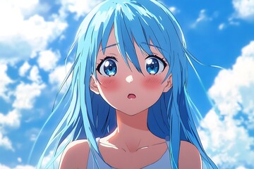 Sticker - Anime girl with blue hair and surprised expression against a blue sky background