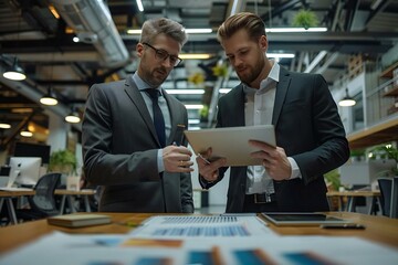 Two businessmen in suits analyzing a graph on a digital tablet in a modern office setting.