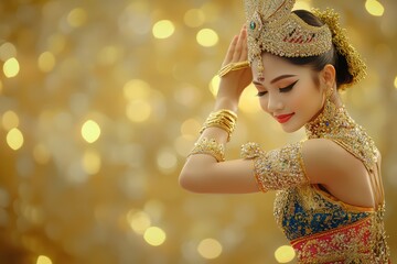 graceful woman in traditional attire, posing elegantly against a shimmering golden backdrop, showcas