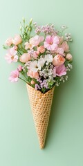 Wall Mural - beautiful arrangement of spring flowers in a cone isolated on pastel background