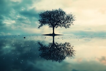 Poster - Silhouette of a tree reflecting in calm water with cloudy sky