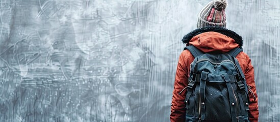 Back view of a contemporary hipster tourist adventurer in winter attire with an urban black backpack. Copy space image. Place for adding text and design