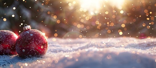 Wall Mural - Snow falling over a close up of Christmas baubles on the snow. Copy space image. Place for adding text and design